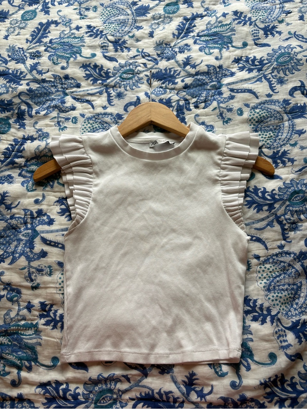 Zara White Ruffle Sleeve Short Sleeve Tee
